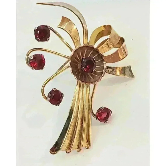 RARE Vintage Harry Iskin 12K Gold Filled Cherry Red Rhinestone Flower Brooch 40s - Picture 2 of 12